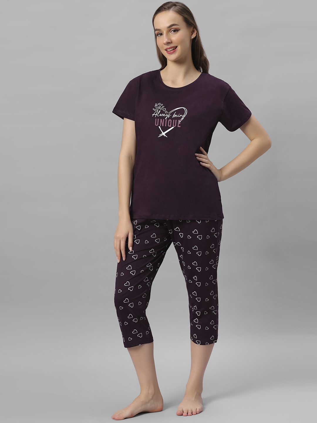 

DZZO Typography Printed Pure Cotton Night suit, Maroon