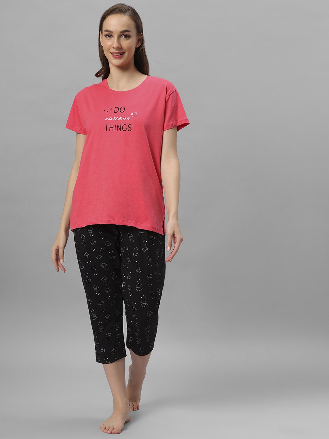 

DZZO Typography Printed Pure Cotton Night suit, Red
