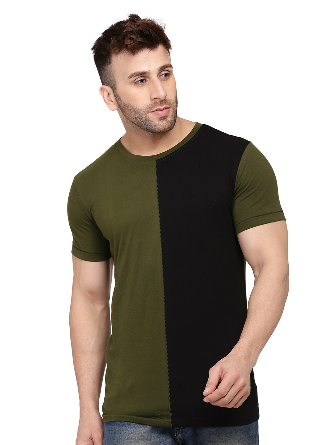 

SLOWLORIS Round Neck Colourblocked Short Sleeves Cotton T-shirt, Olive