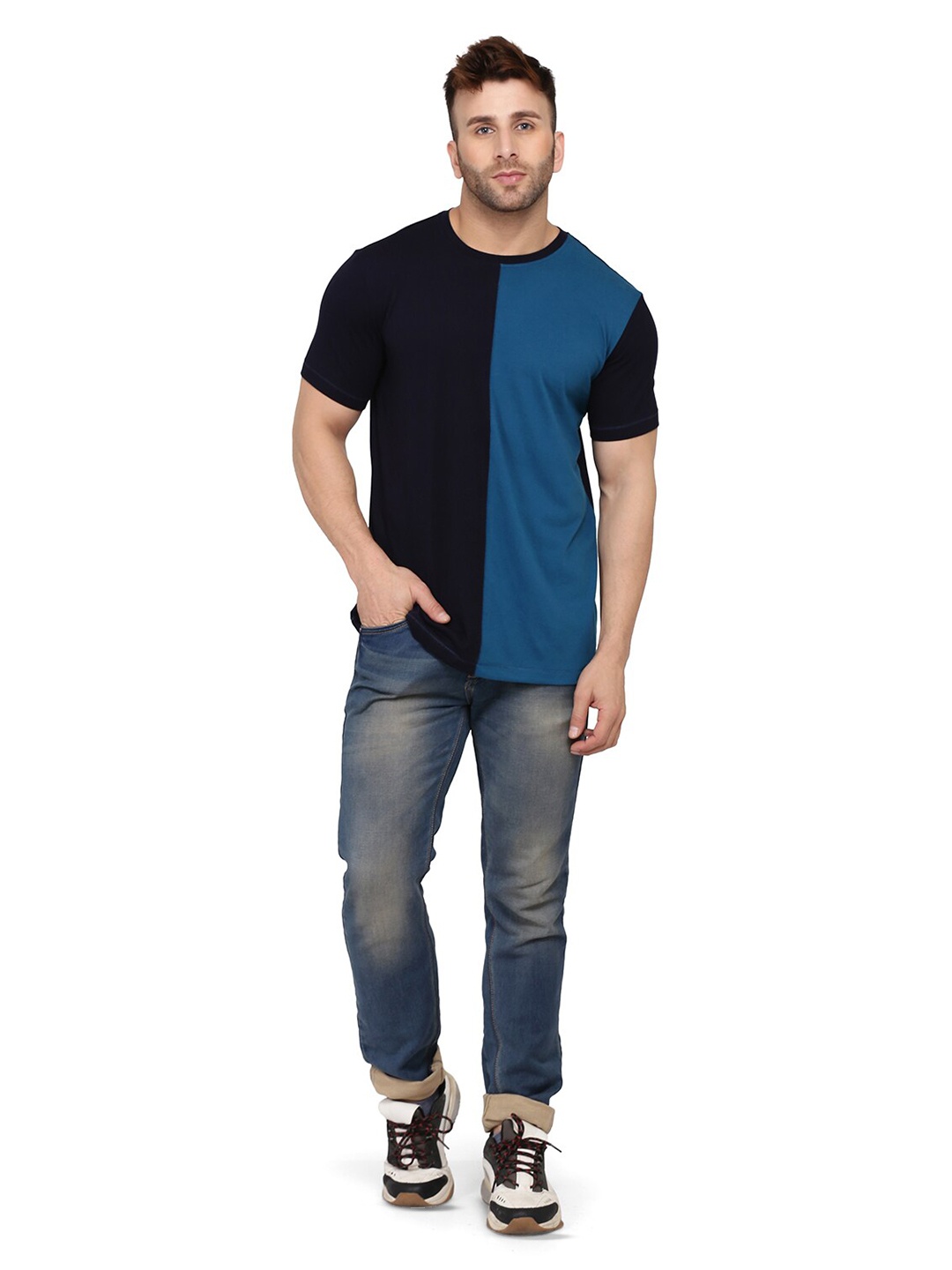 

SLOWLORIS Round Neck Short Sleeves Colourblocked T-shirt, Navy blue
