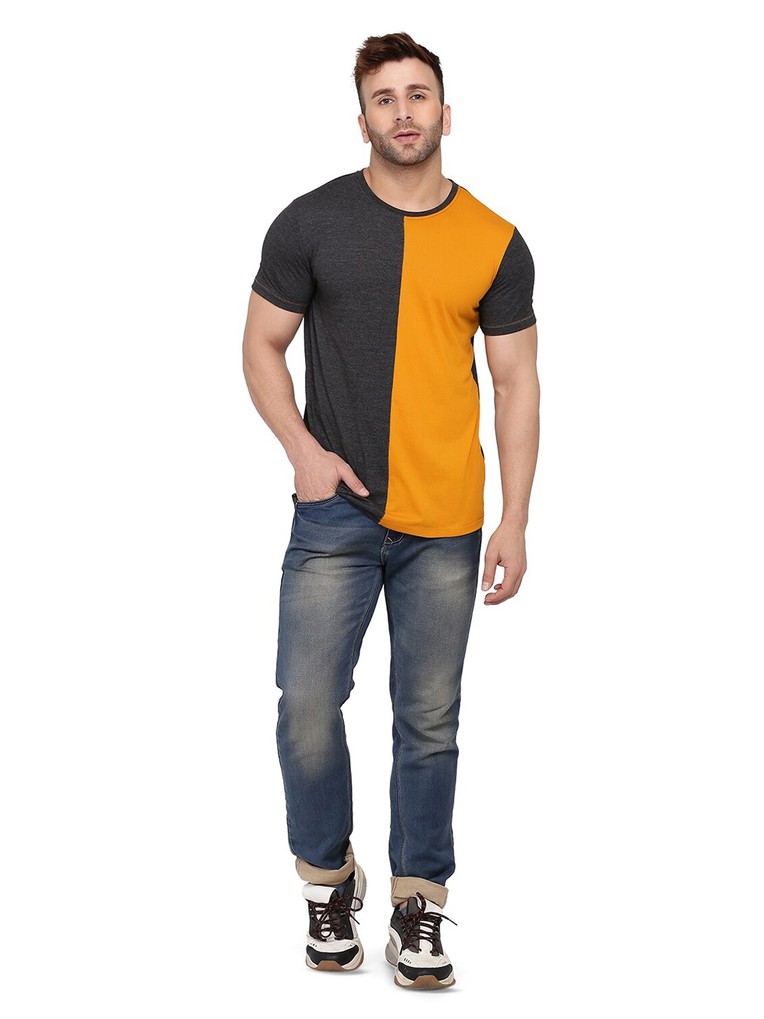 

SLOWLORIS Colourblocked Round Neck Short Sleeves T-shirt, Grey