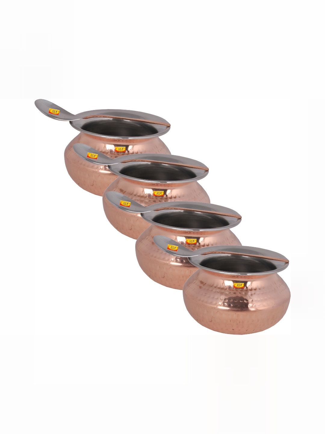 

Shivshakti Arts Copper Toned 4 Pcs Steel Copper Handi With 4 Spoons