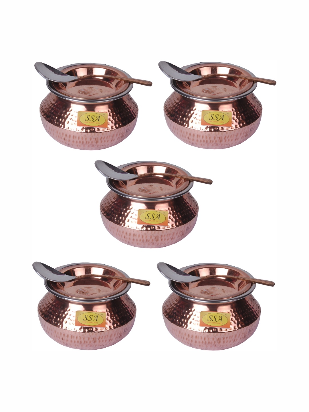 

Shivshakti Arts Brown 5 Pieces Copper Cooking Handi With Lid And Spoons 1.5 L Each