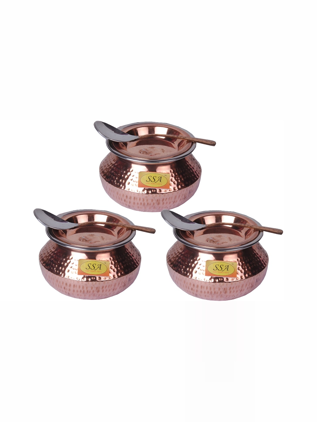 

Shivshakti Arts Brown & Silver-Toned 3Pcs Copper Handis With Lids And Spoons