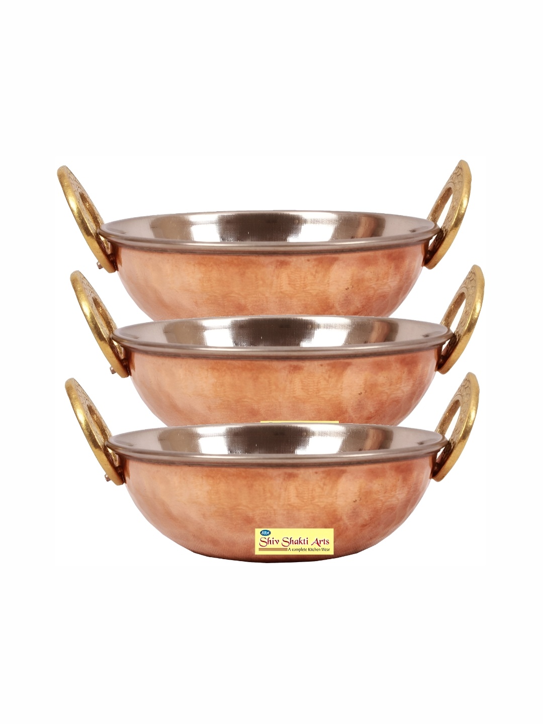 

Shivshakti Arts Brown 3 Pieces Hammered Steel Copper Kadais 1.5 L Each