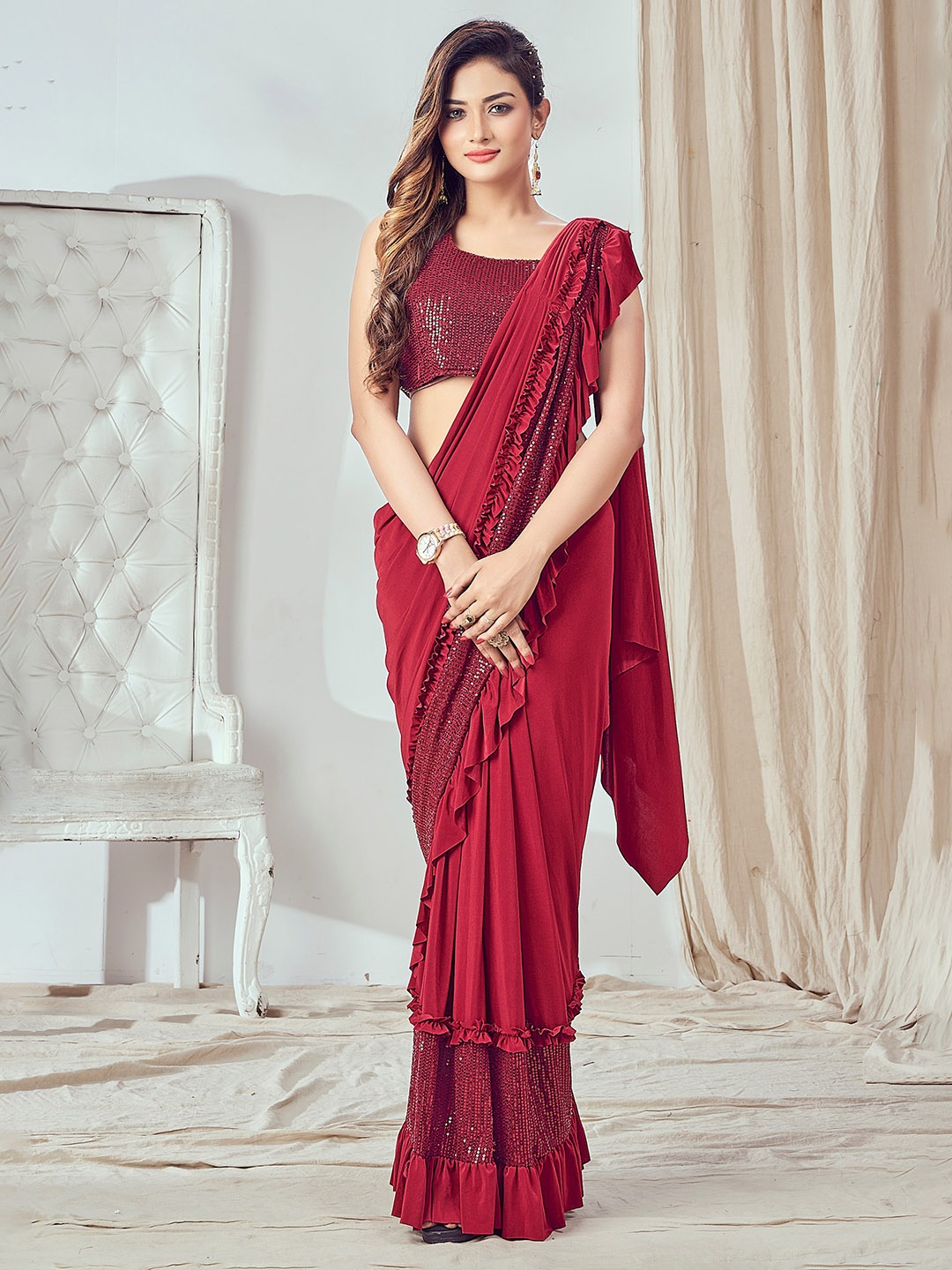 

AMOHA TRENDZ Sequinned Ready to Wear Saree, Maroon