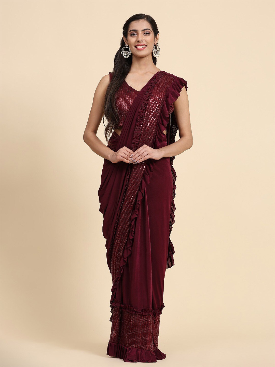

AMOHA TRENDZ Sequinned Ready to Wear Saree, Purple