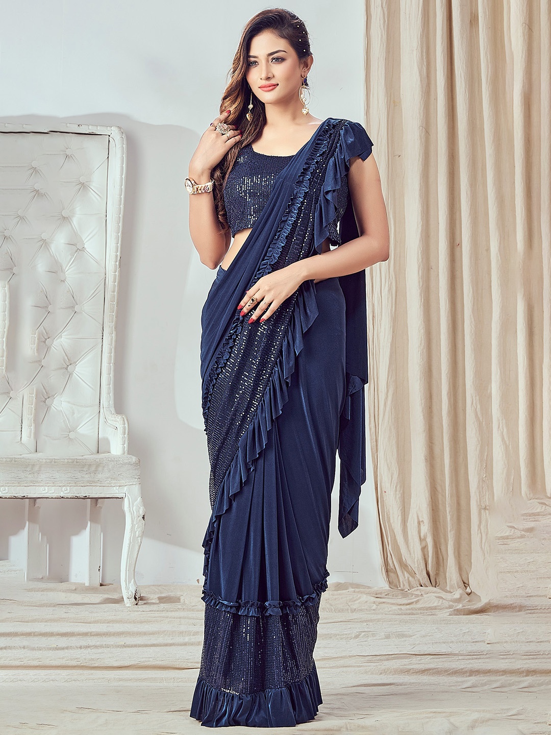 

AMOHA TRENDZ Sequinned Ready to Wear Saree, Blue