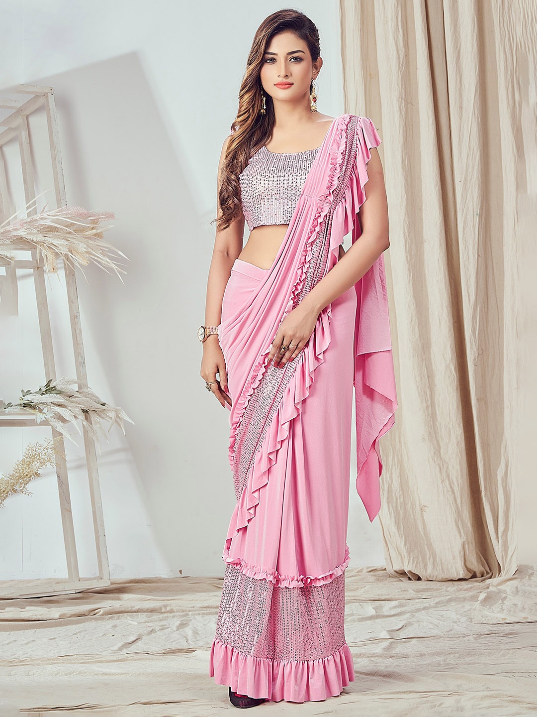 

AMOHA TRENDZ Sequinned Ready to Wear Saree, Pink