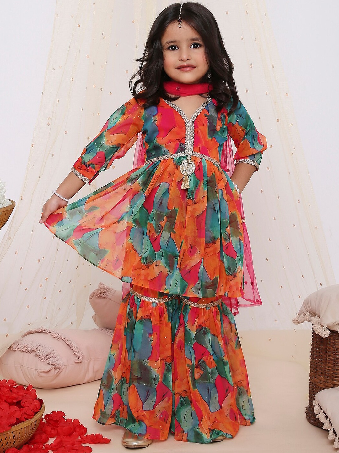 

KID1 Girls Floral Printed Zari V-Neck Empire Anarkali Kurta With Sharara & Dupatta, Orange