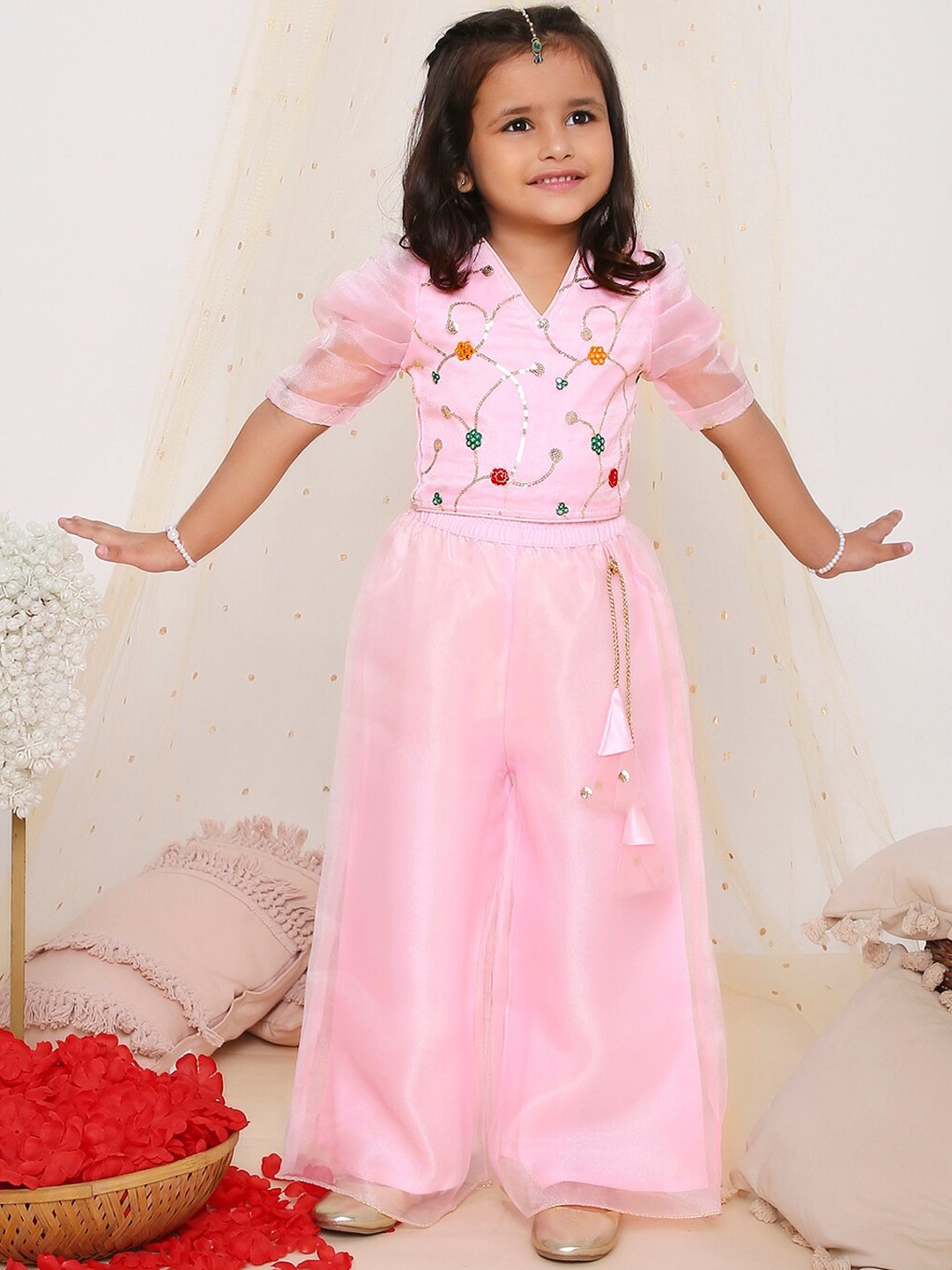 

KID1 Girls Embroidered V-Neck Top & Palazzo, Pink