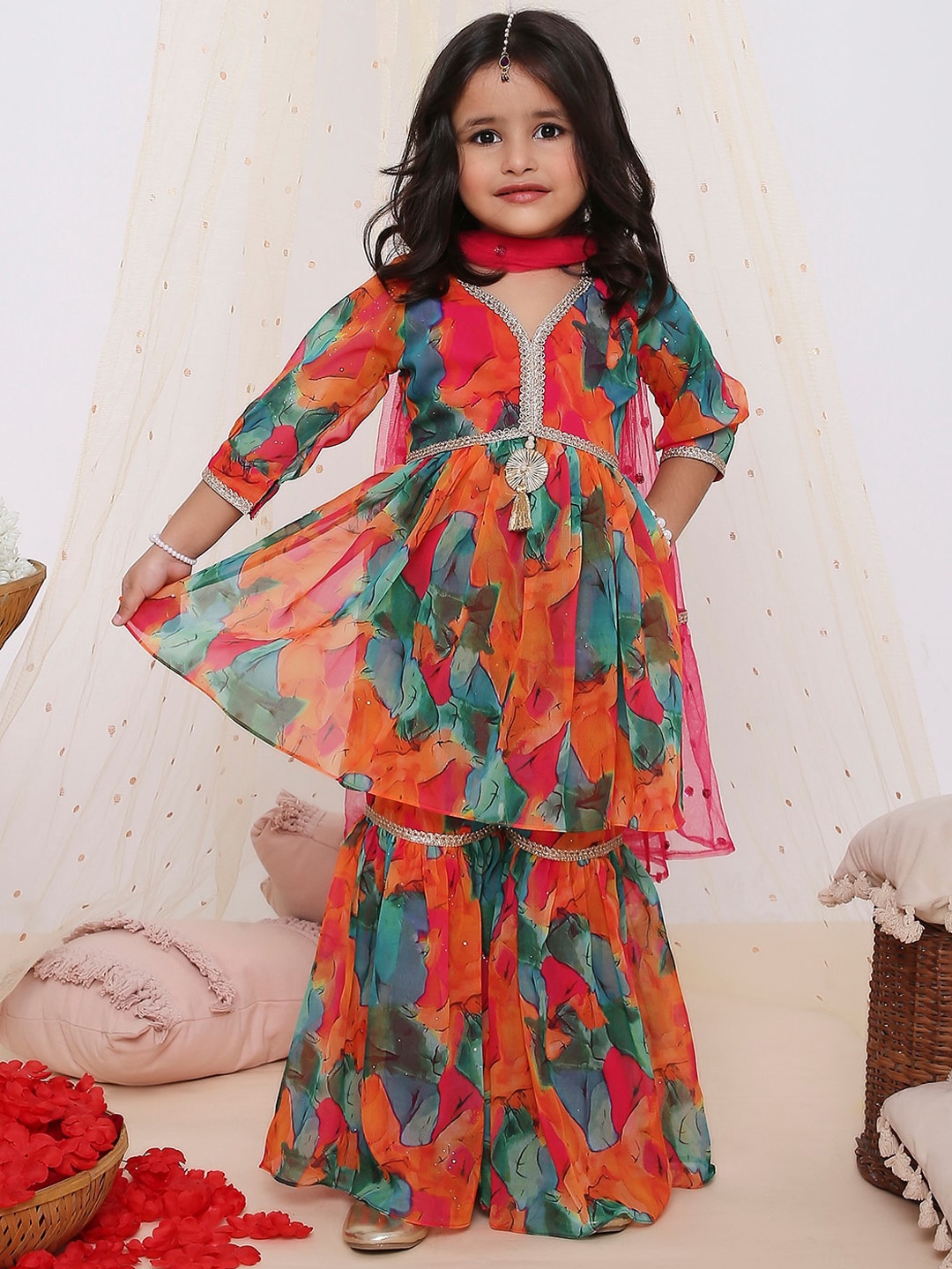 

KID1 Girls Floral Printed Zari V-Neck Empire Anarkali Kurta With Sharara & Dupatta, Orange