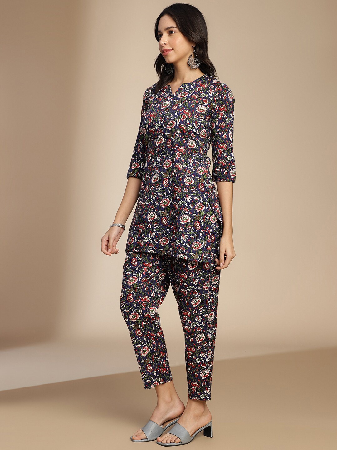 

KALINI Floral Printed Tunic With Trousers Co-Ords, Navy blue