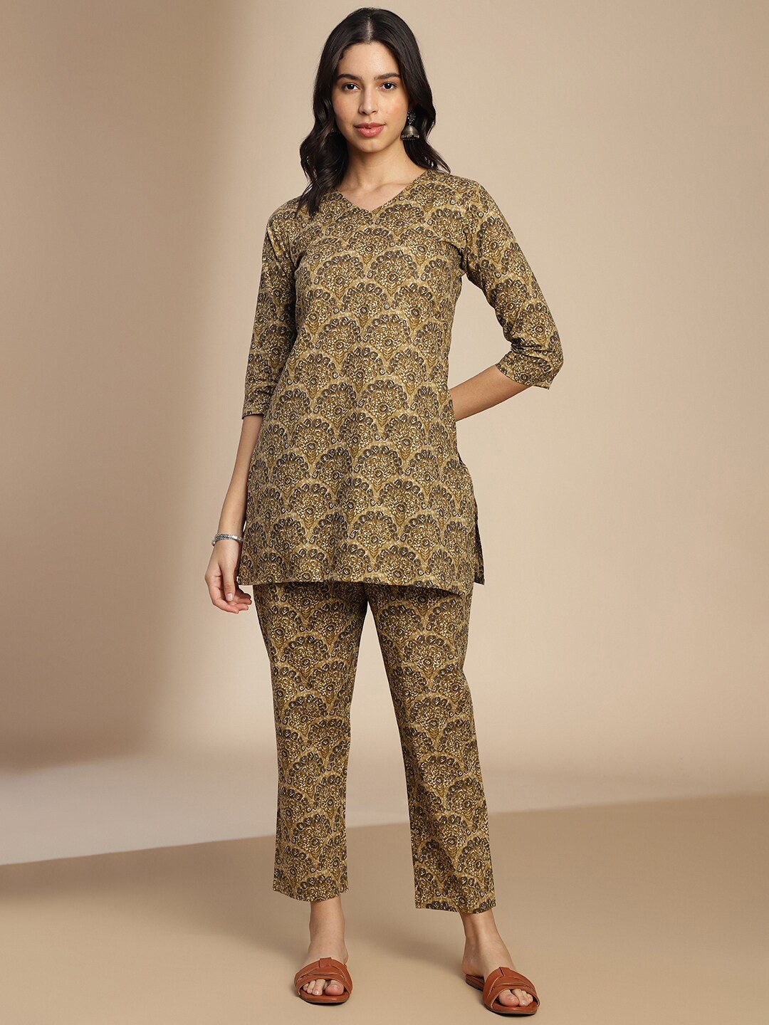 

KALINI Ethnic Motifs Printed Top With Trousers Co-Ords, Mustard