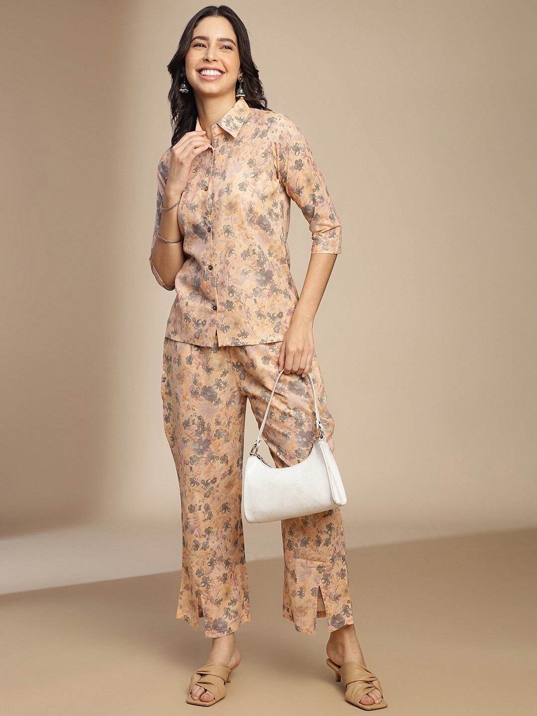 

KALINI Floral Printed Top With Trousers Co-Ords, Peach