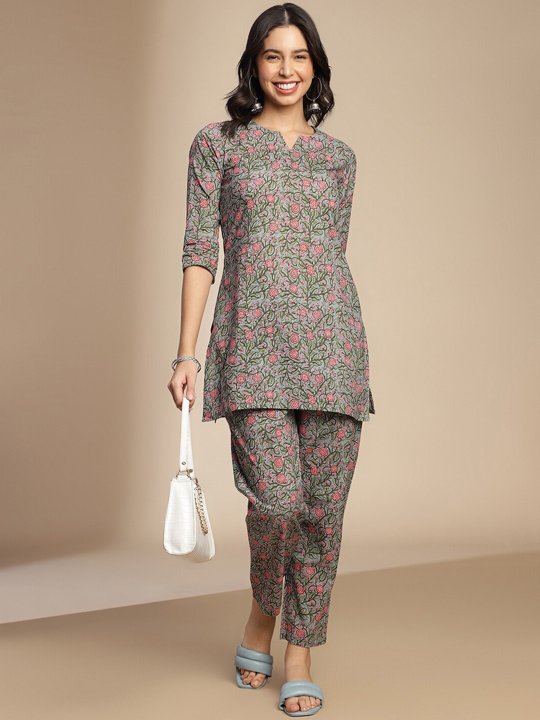 

KALINI Floral Printed Top With Trousers Co-Ords, Grey