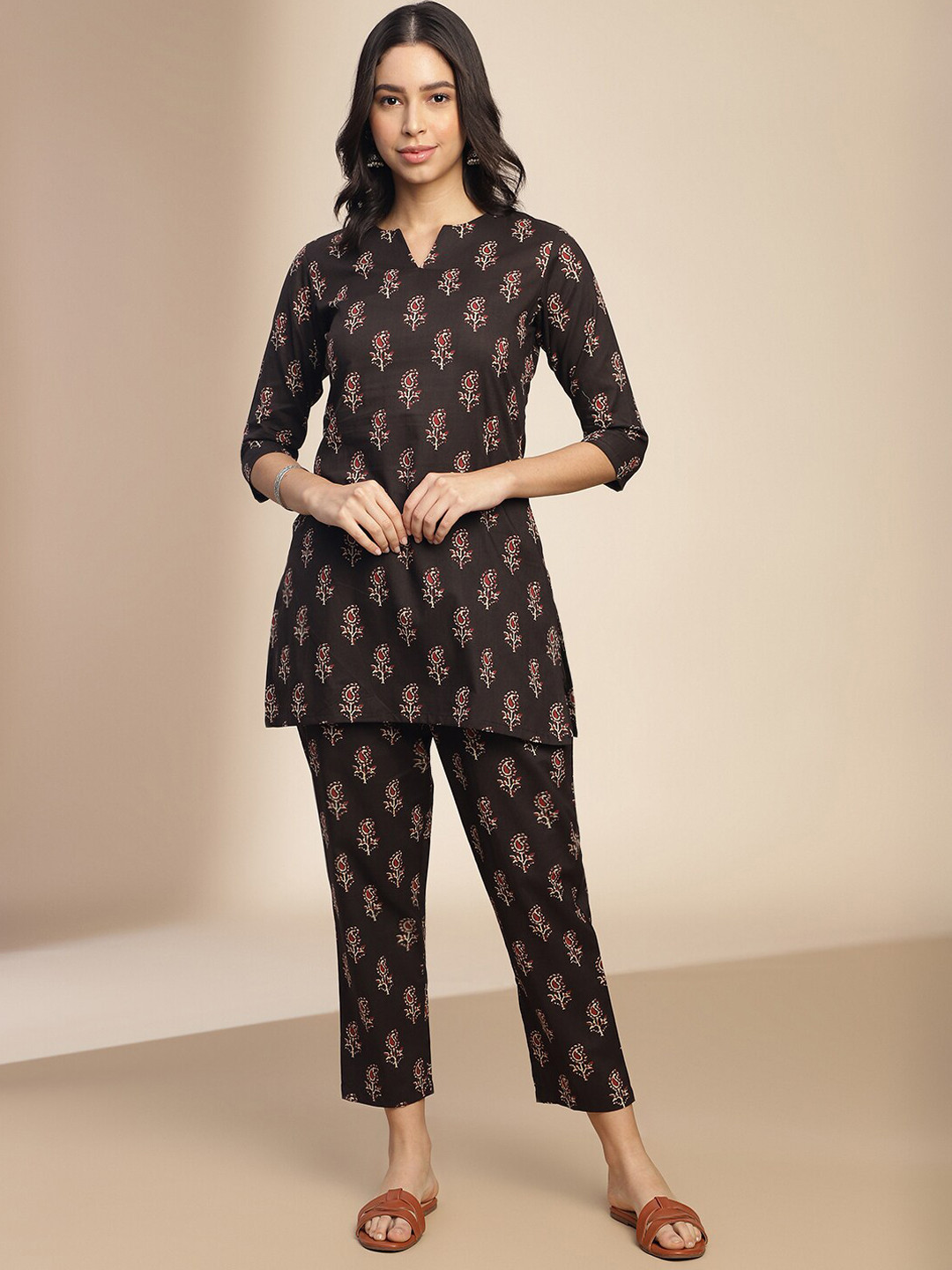 

KALINI Ethnic Motifs Printed Top With Trousers Co-Ords, Brown