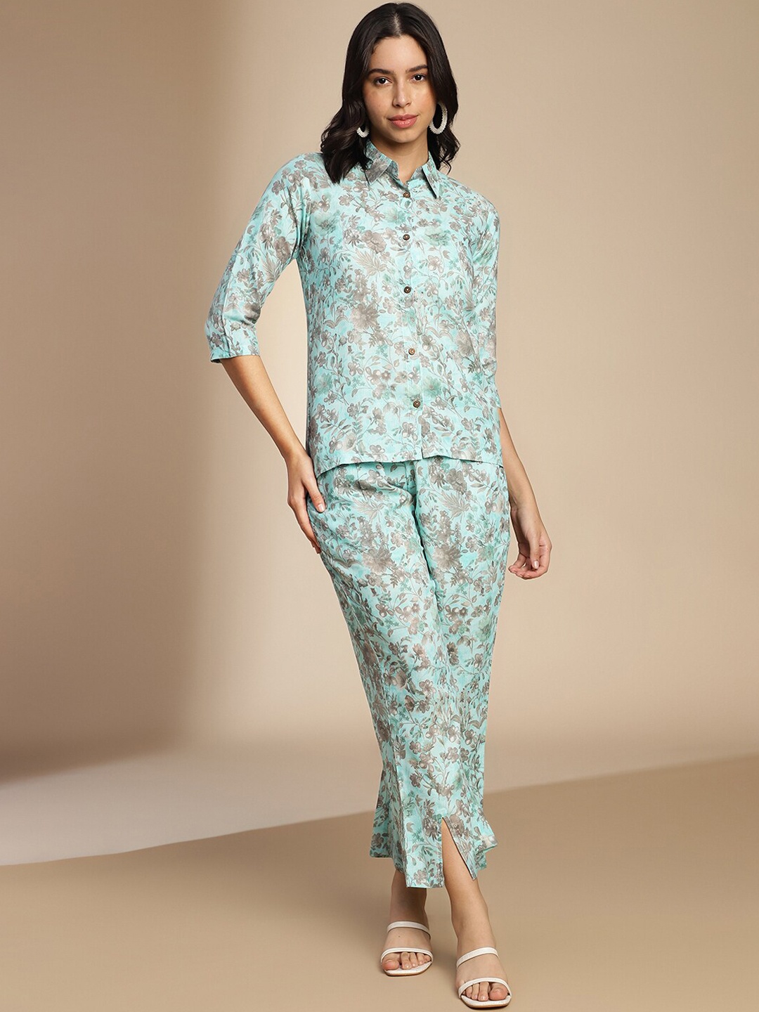 

KALINI Floral Printed Shirt & Trousers, Blue