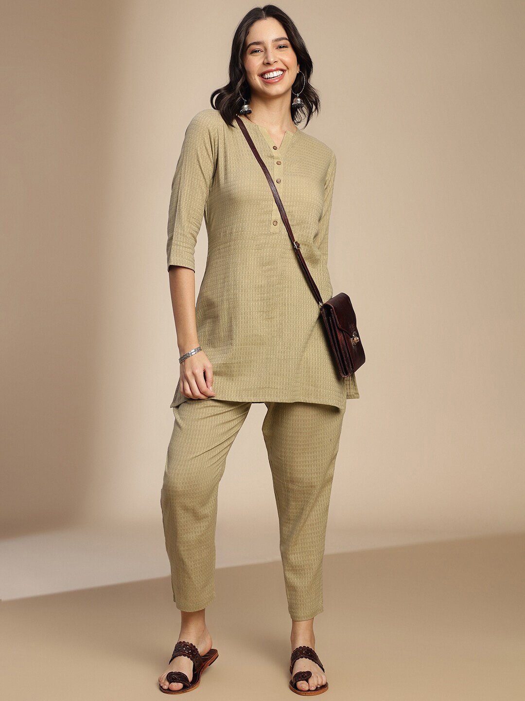 

KALINI Self Design Notched Neck Tunic With Trousers Co-Ords, Beige