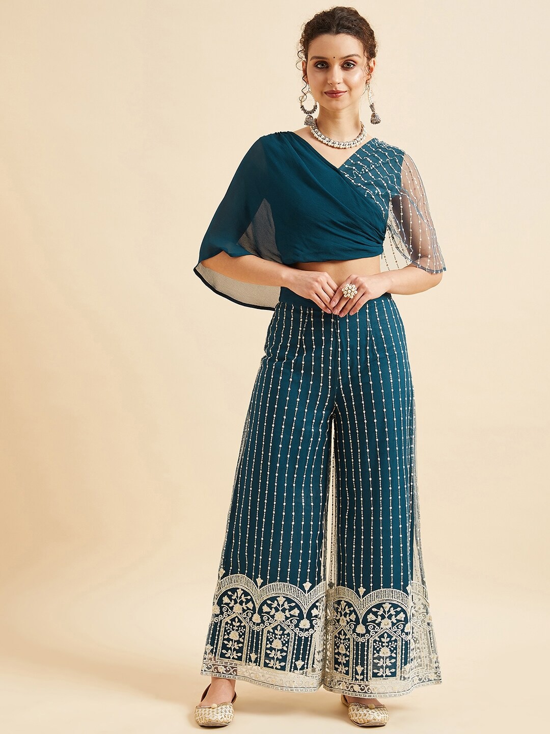 

PANIT Teal Embroidered Crop Top With Palazzo