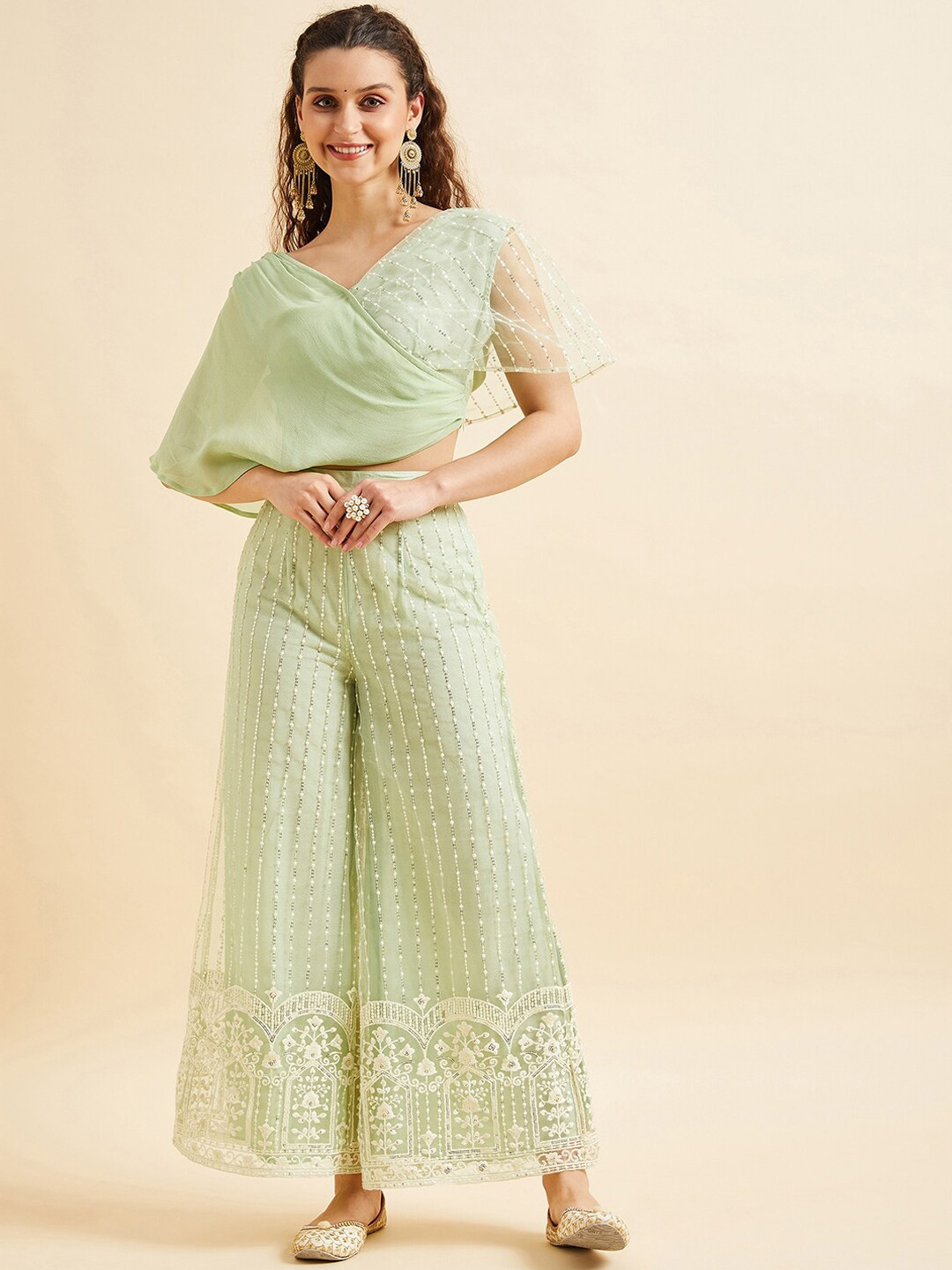 

PANIT Green Embroidered Crop Top With Palazzo
