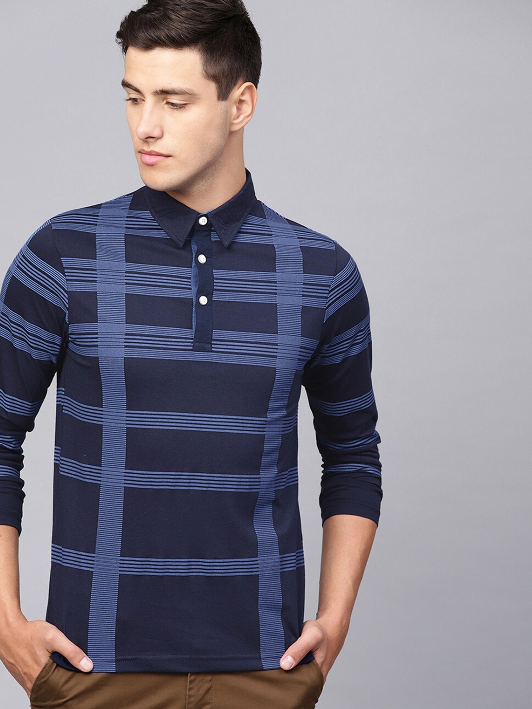 

Eyebogler Striped Polo Collar Cotton T-shirt, Navy blue