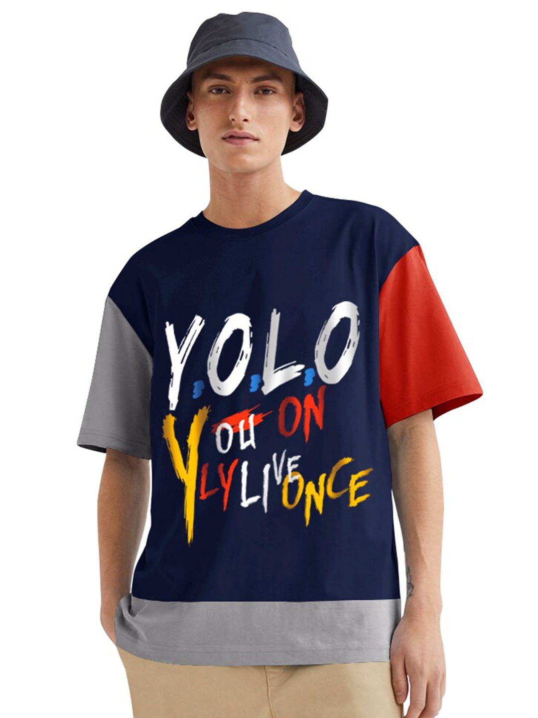 

Eyebogler Typography Printed Cotton Short Sleeves Raw Edge Oversized Casual T-shirt, Navy blue