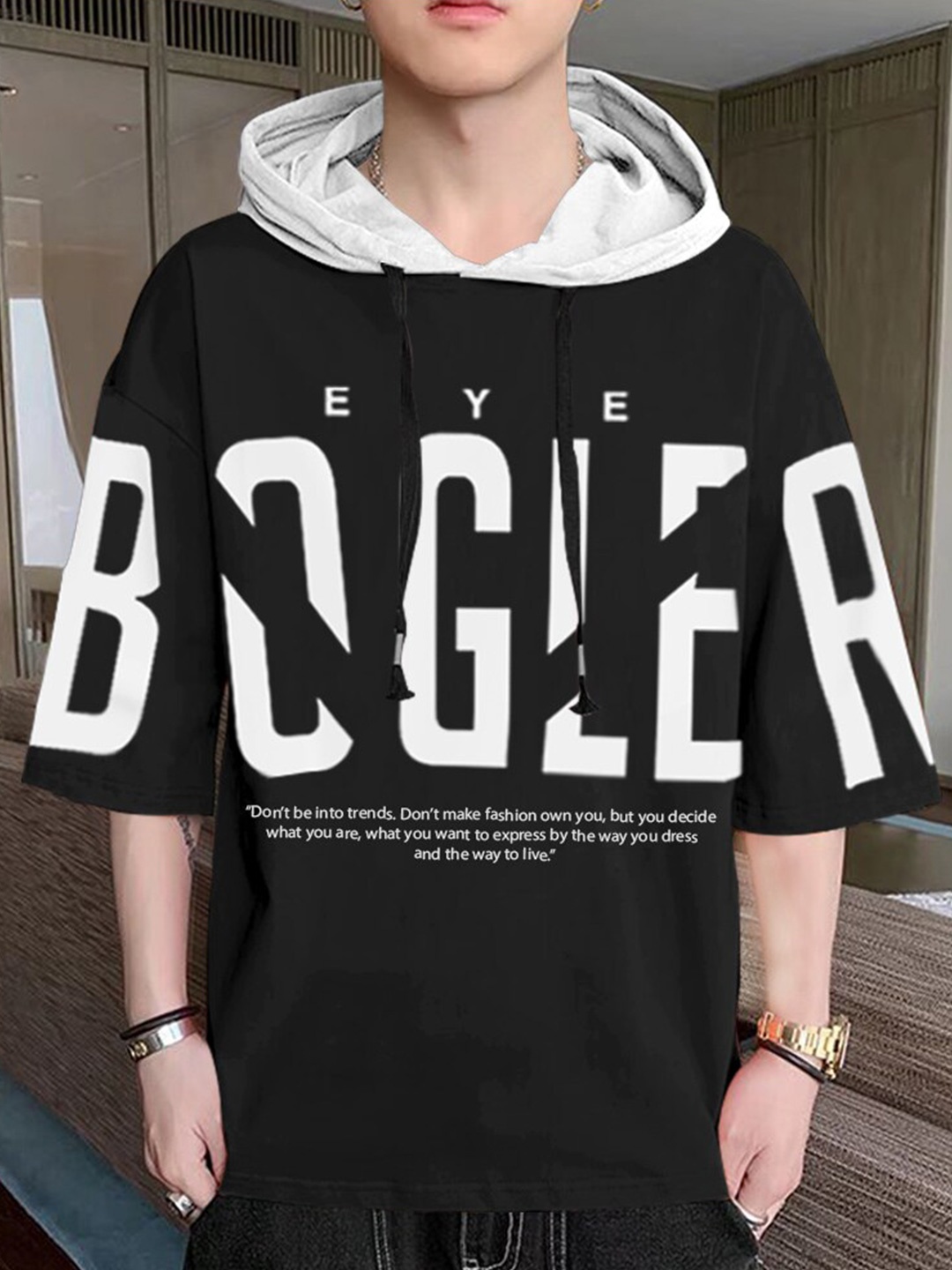 

Eyebogler Typography Printed Oversized Hood T-shirt, Black