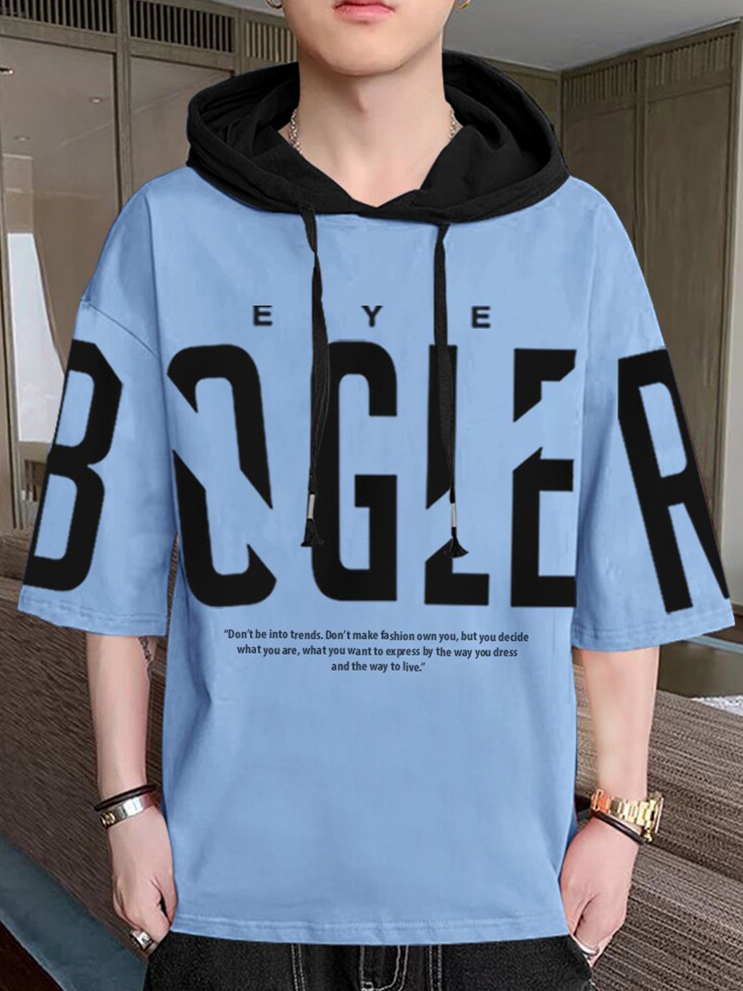 

Eyebogler Typography Printed Cotton Hooded Three-Quarter Sleeves Oversized Casual T-shirt, Blue