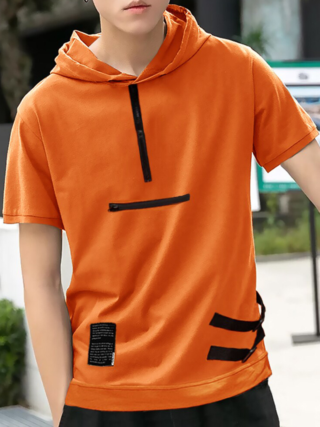 

Eyebogler Men Mandarin Collar Extended Sleeves Pockets Boxy T-shirt, Orange