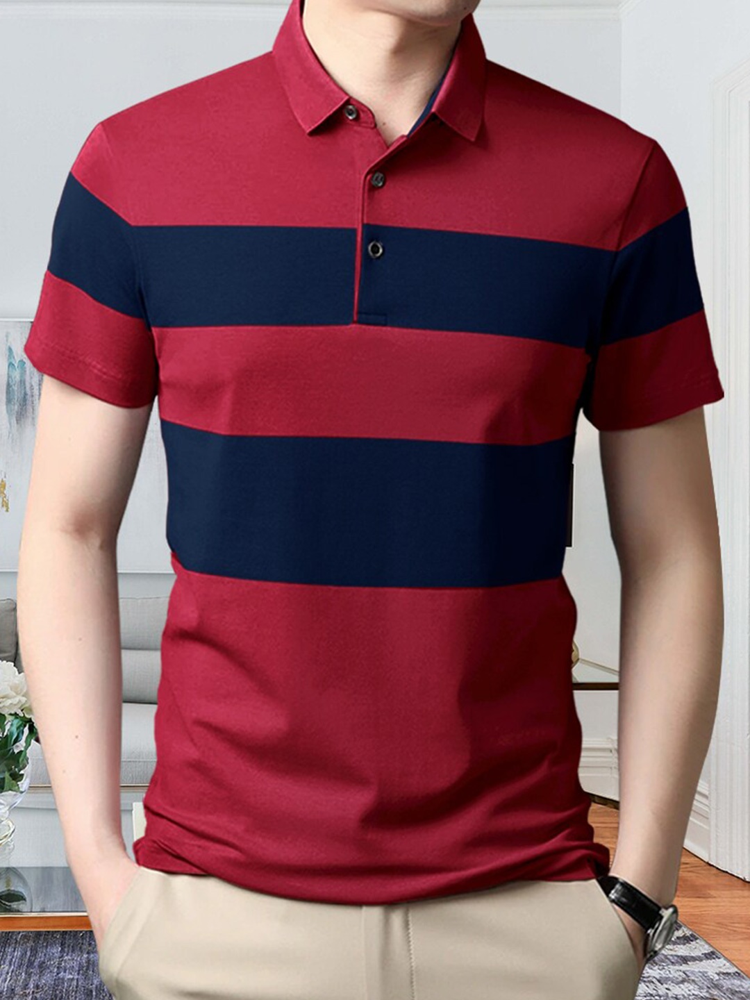 

Eyebogler Striped Polo Collar Cotton T-shirt, Red