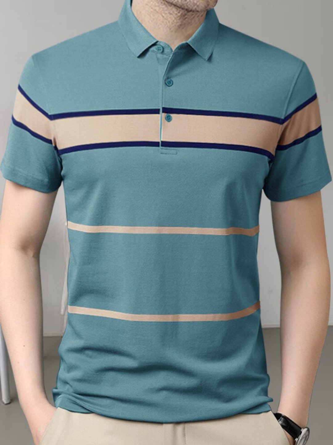

Eyebogler Striped Cotton Polo Collar Short Sleeves Pockets Casual T-shirt, Blue