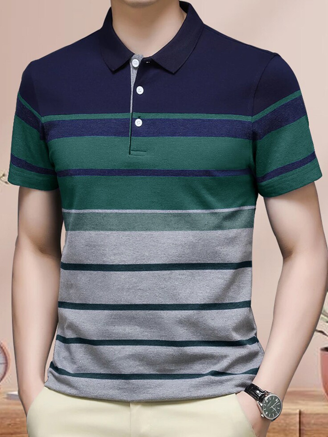 

Eyebogler Striped Polo Collar Cotton T-shirt, Navy blue