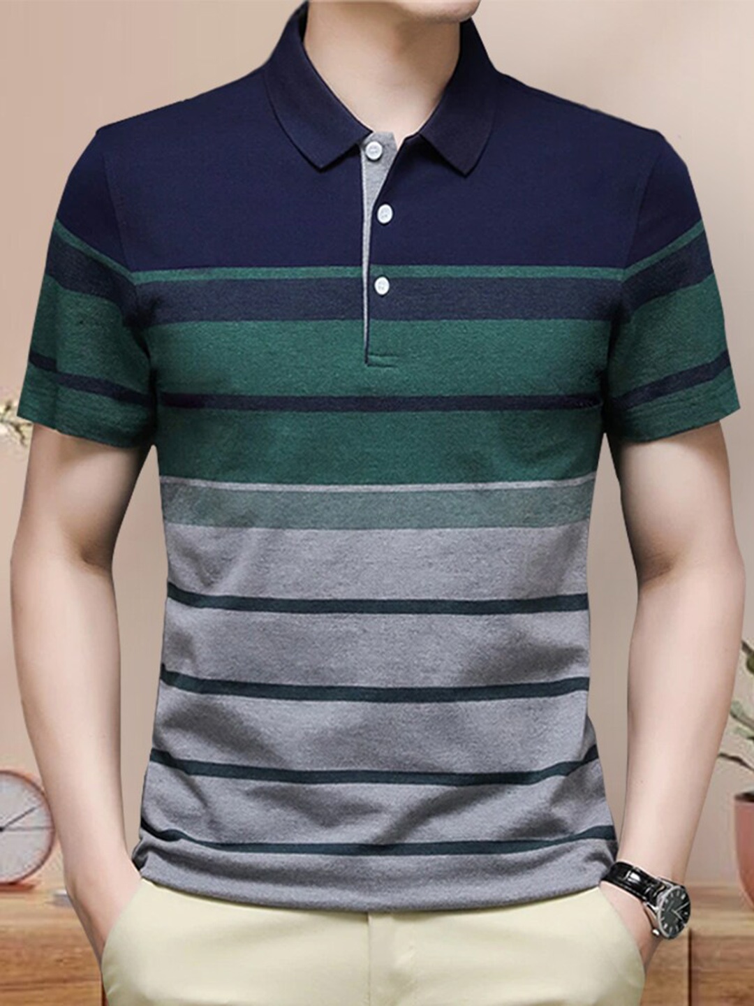 

Eyebogler Striped Cotton Polo Collar Short Sleeves Pockets Casual T-shirt, Green