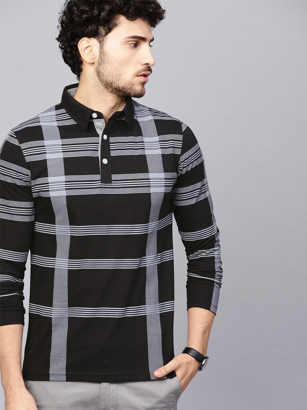 

Eyebogler Striped Cotton Long Sleeves Polo Collar Pockets T-shirt, Black