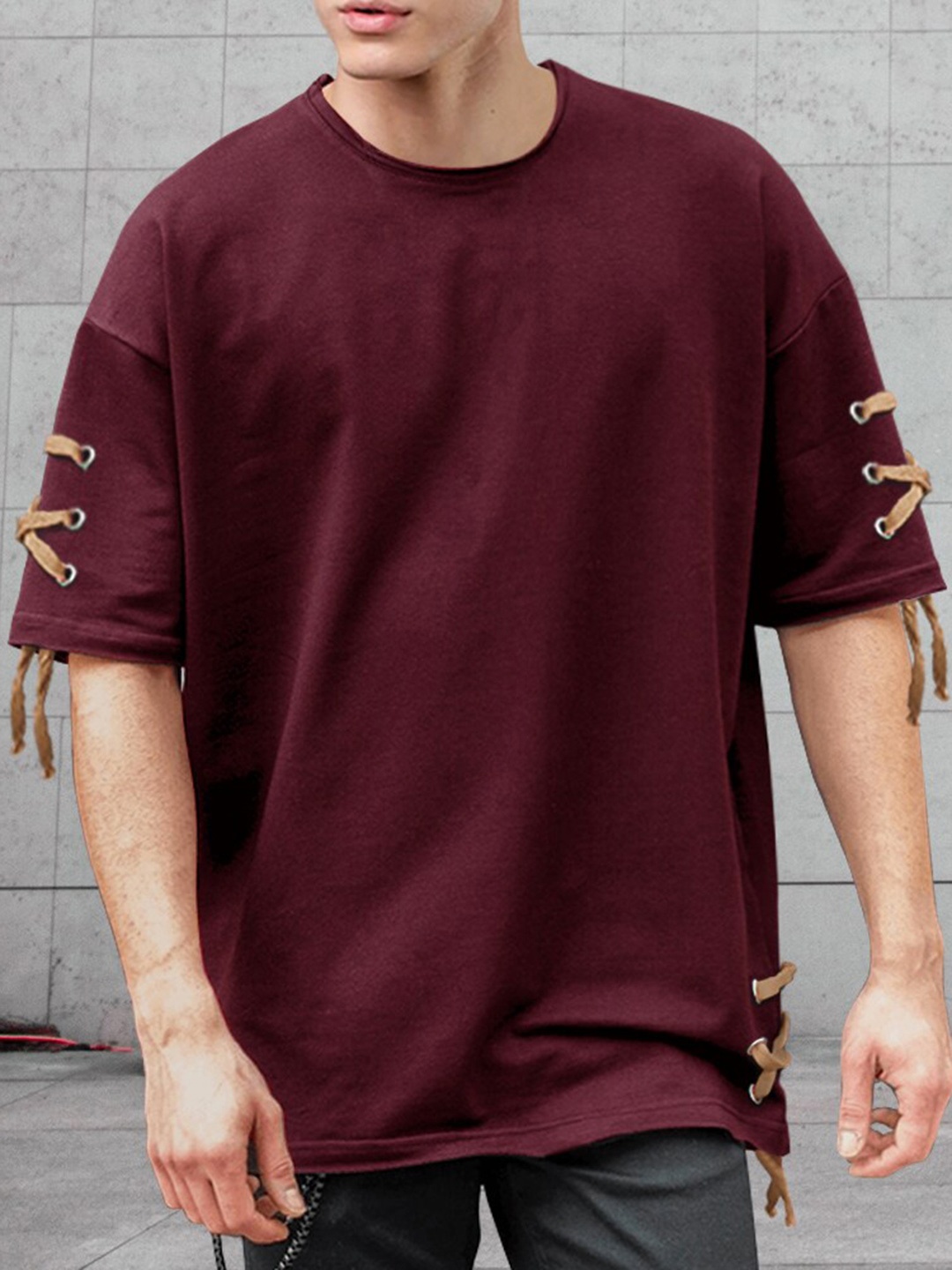 

Eyebogler Cotton Round Neck Short Sleeves Pockets Oversized T-shirt, Maroon