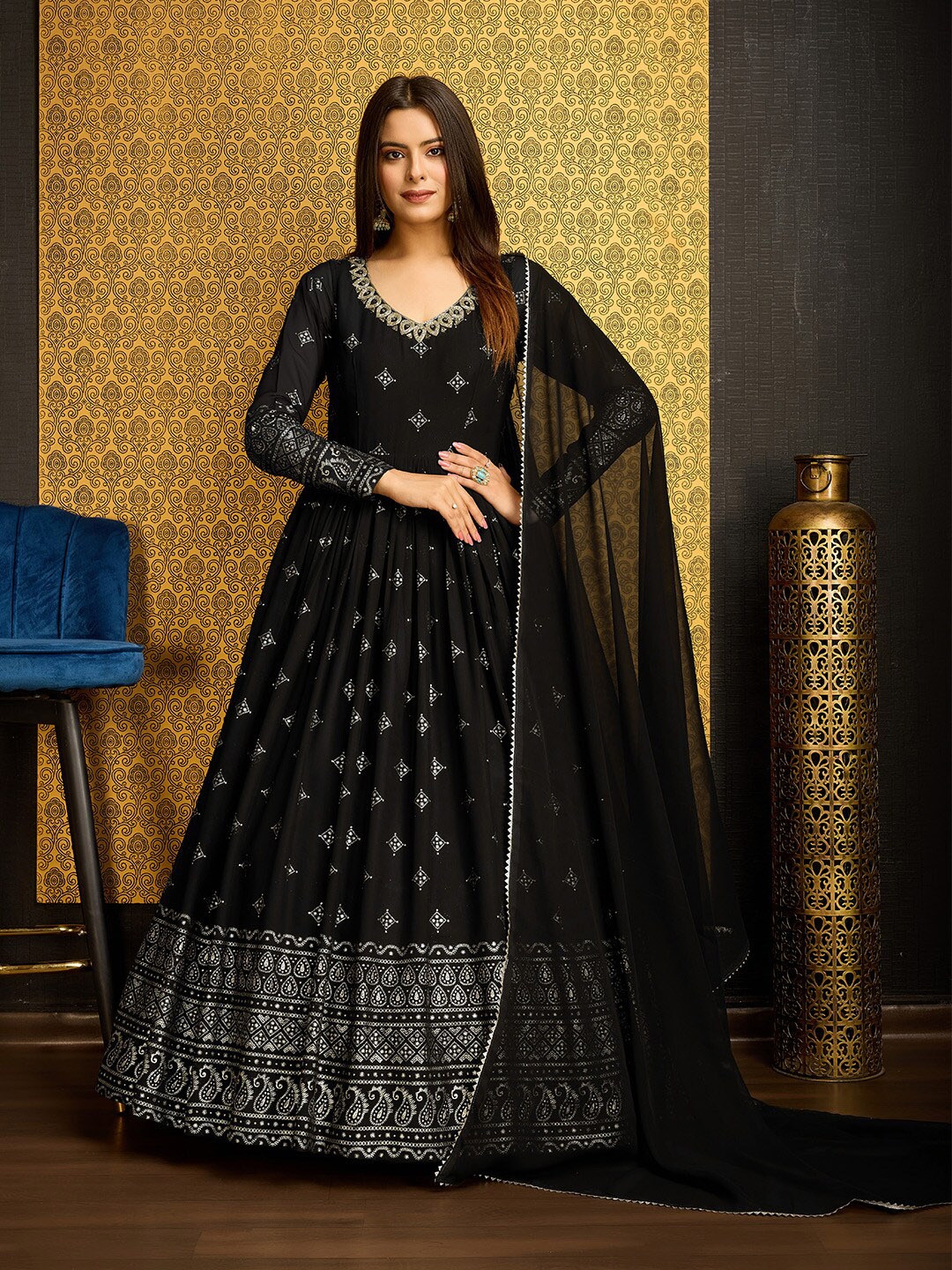 

KALINI Ethnic Motifs Print Georgette Maxi Dress, Black