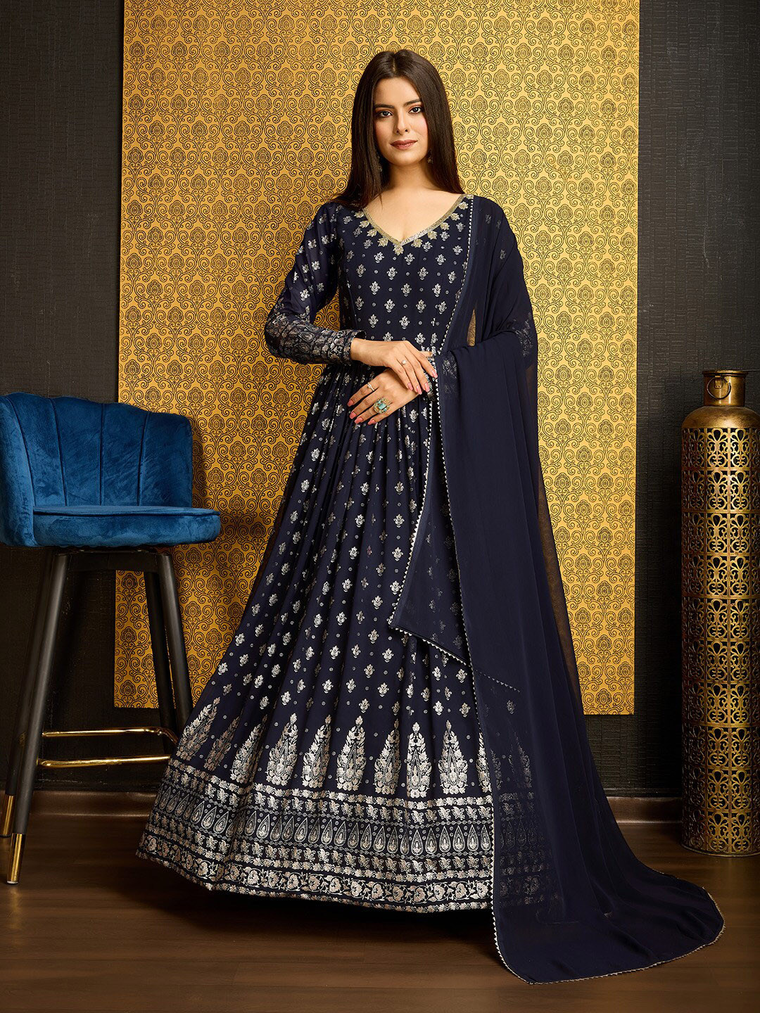 

KALINI Ethnic Motifs Printed Georgette Maxi Dress With Dupatta, Navy blue