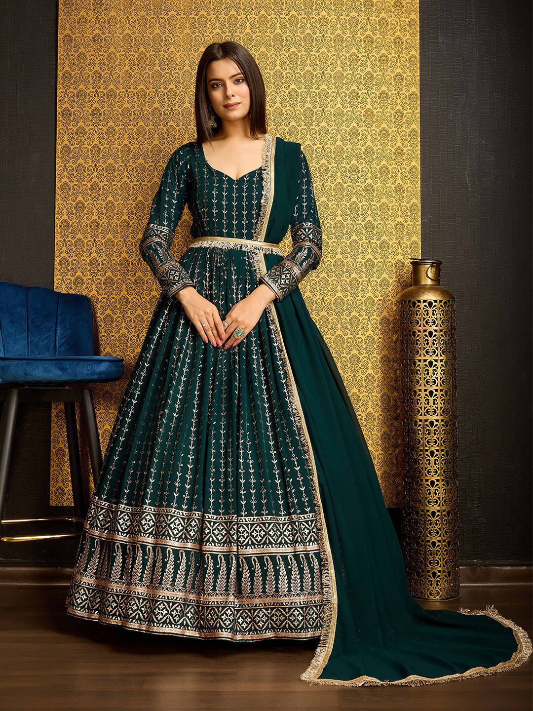 

KALINI Ethnic Motifs Printed Georgette Maxi Dress With Dupatta, Green