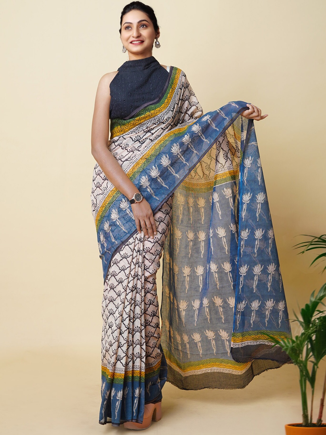 

Unnati Silks Floral Printed Handloom Kota Saree, Cream