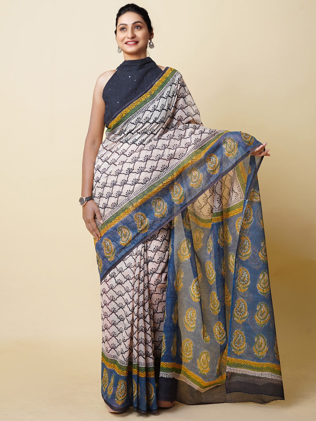 

Unnati Silks Ethnic Motifs Printed Handloom Kota Saree, Cream