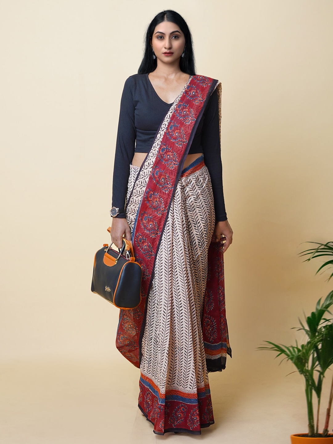 

Unnati Silks Geometric Printed Kota Saree, Cream