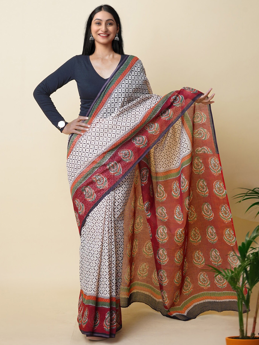 

Unnati Silks Geometric Printed Handloom Kota Saree, Cream