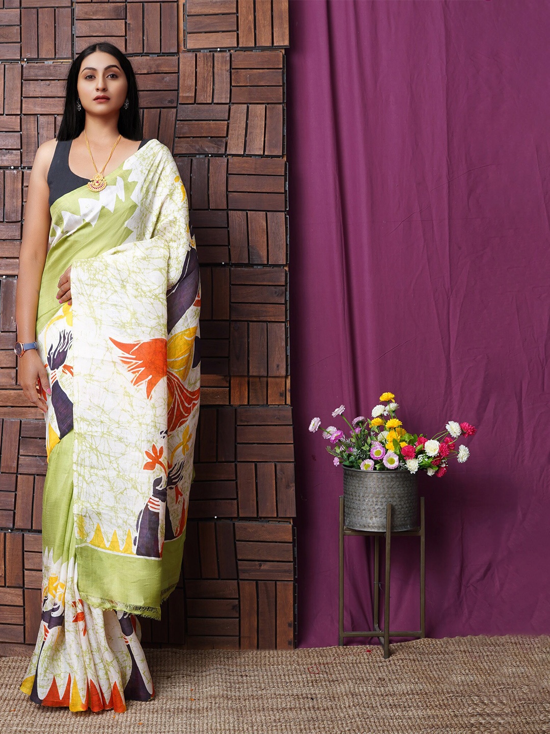 

Unnati Silks Printed Pure Silk Handloom Murshidabad silk Saree, Green