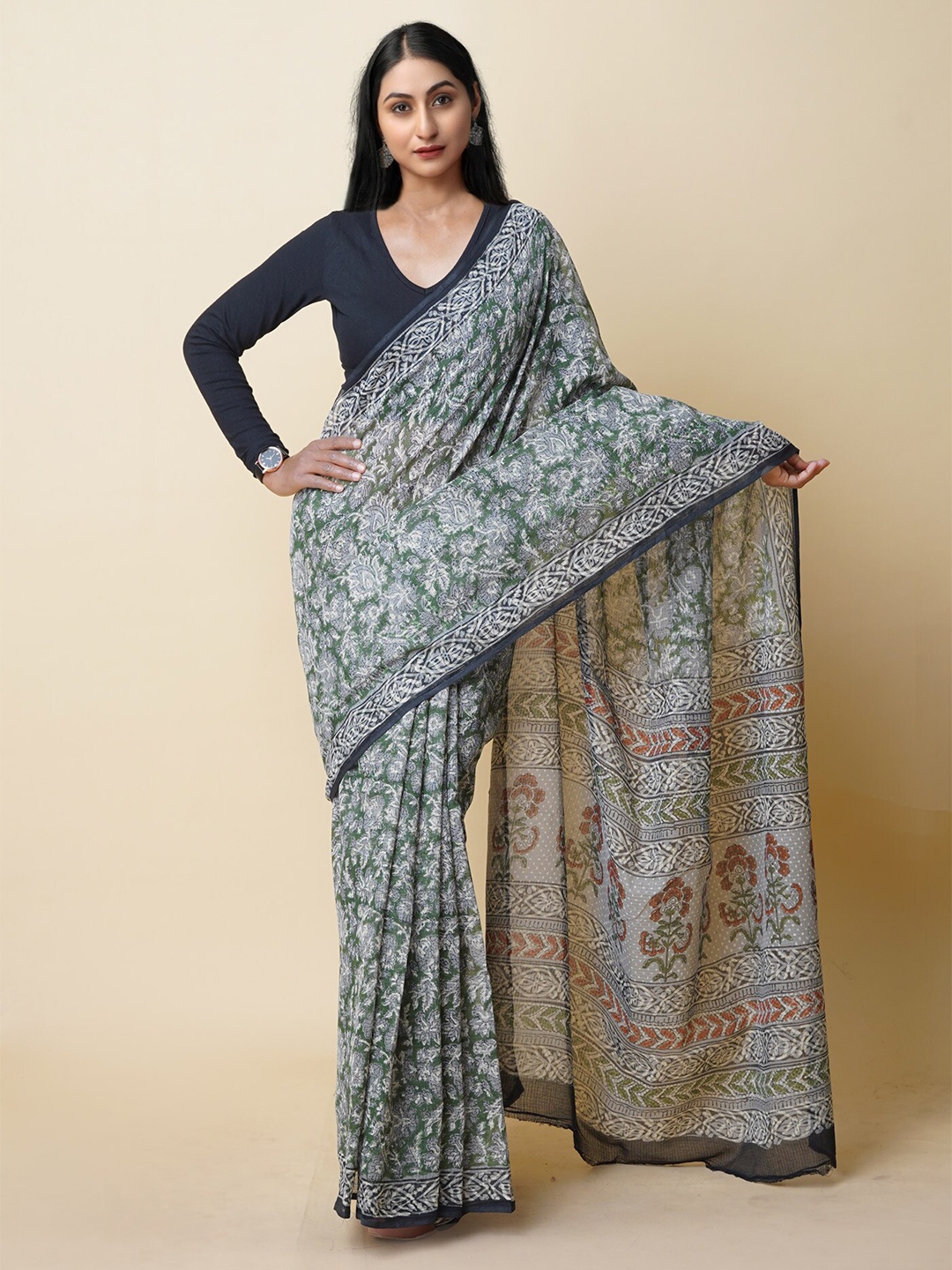 

Unnati Silks Floral Printed Kota Saree, Green