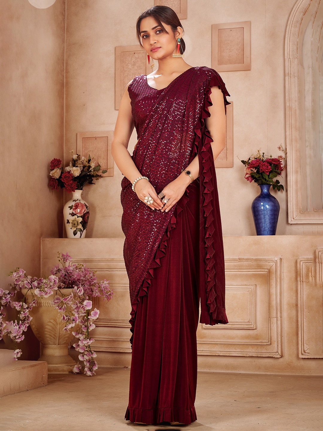 

AMOHA TRENDZ Embellished Sequinned Ready to Wear Saree, Purple