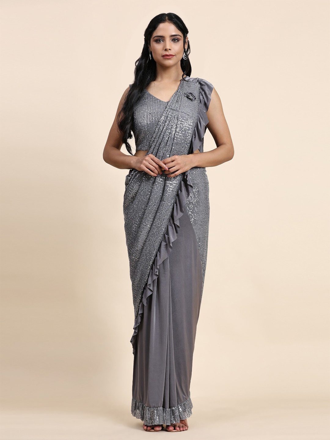 

AMOHA TRENDZ Embellished Sequinned Ready to Wear Saree, Grey