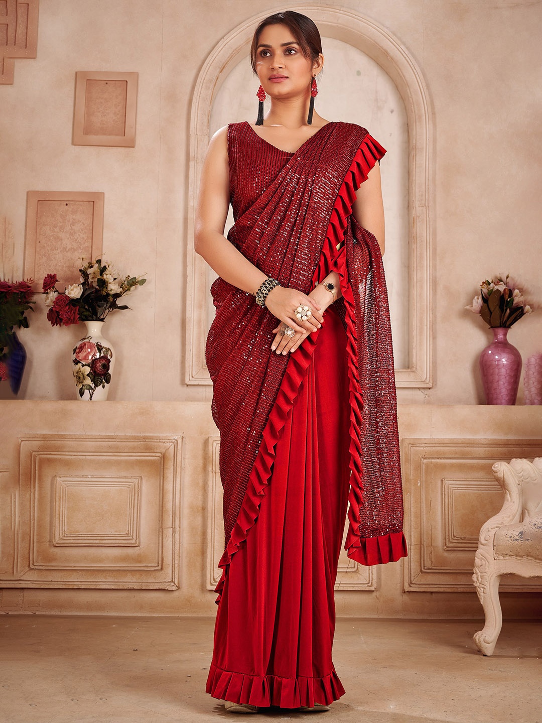 

AMOHA TRENDZ Embellished Sequinned Ready to Wear Saree, Maroon