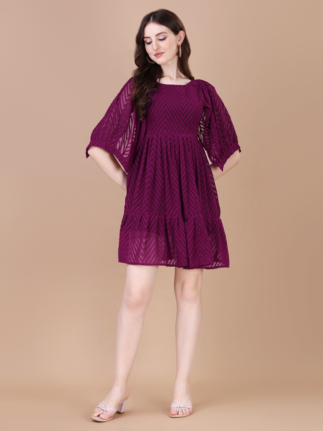 

PMD Fashion Geometric Printed Flared Sleeves Tiered Detail Georgette Fit and Flare Dress, Purple