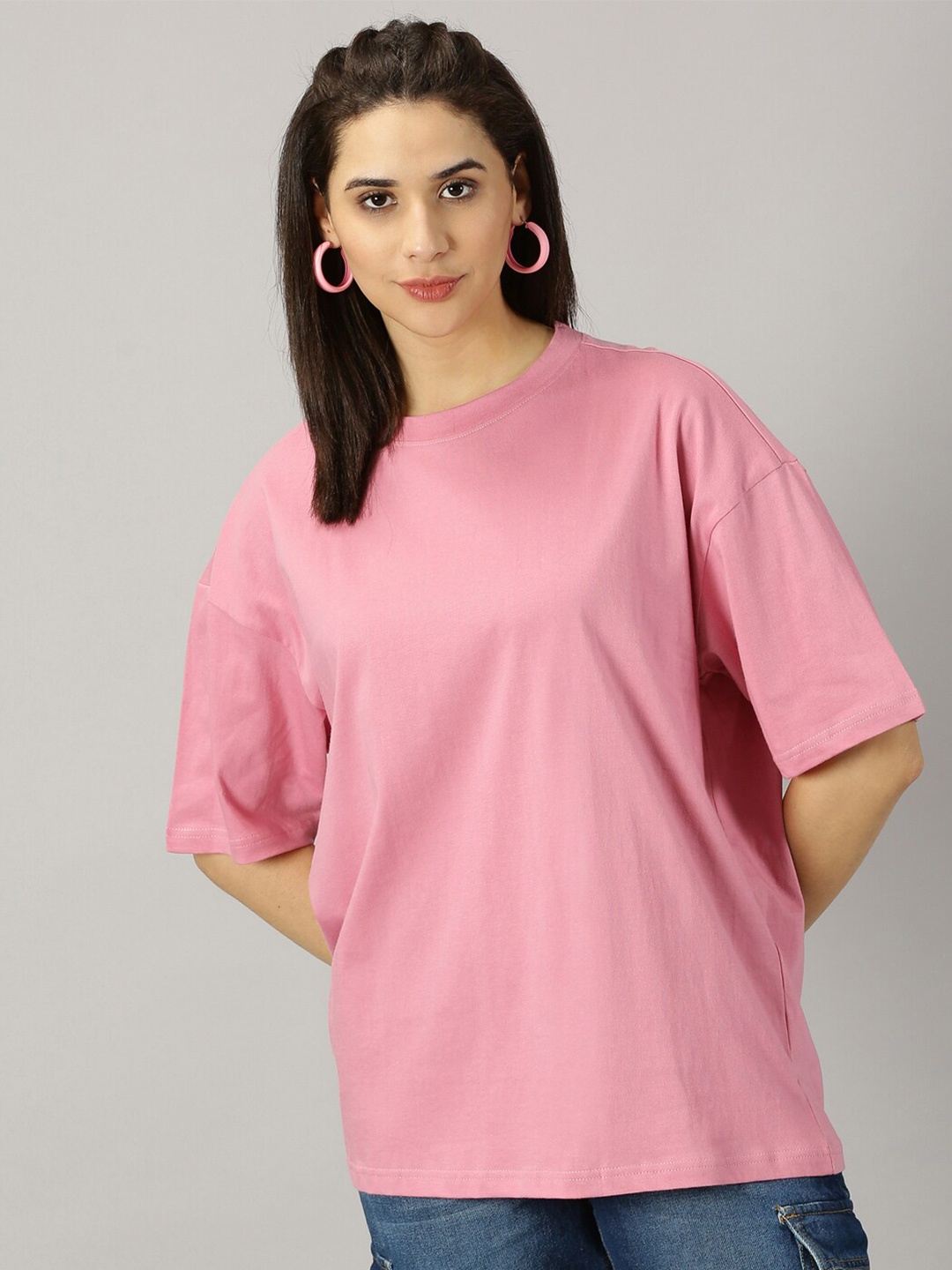 

THE HOLLANDER Round Neck Drop-Shoulder Sleeves Pure Cotton Oversized T-shirt, Pink